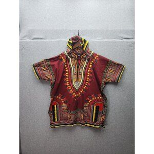 African Dashiki Hooded Top Red/Yellow Pattern 100% Cotton Unisex One Size Handma